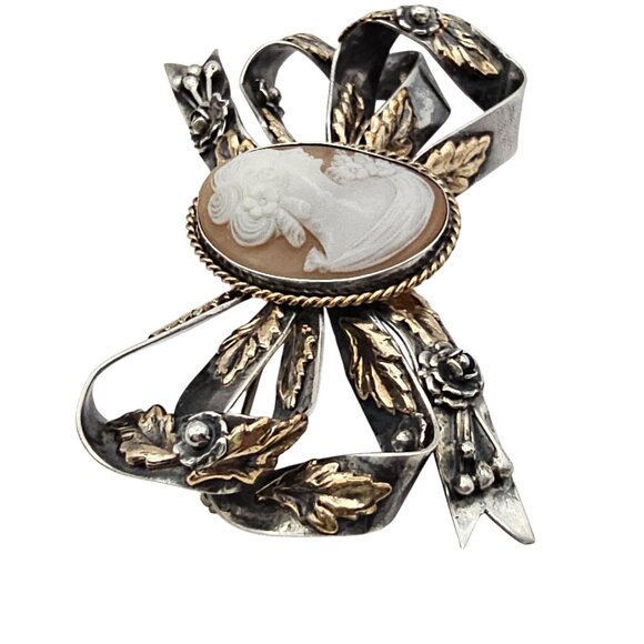 Vintage Hobe? Carved Shell Cameo Ribbon Brooch Sterling Silver 14K GF Tested - Picture 13 of 16